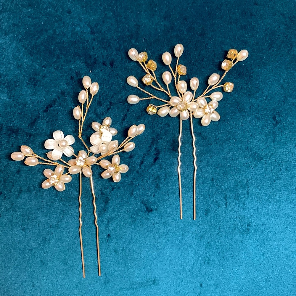 Elegant Wedding Bridal Pearl Hair Pin Set in Gold
